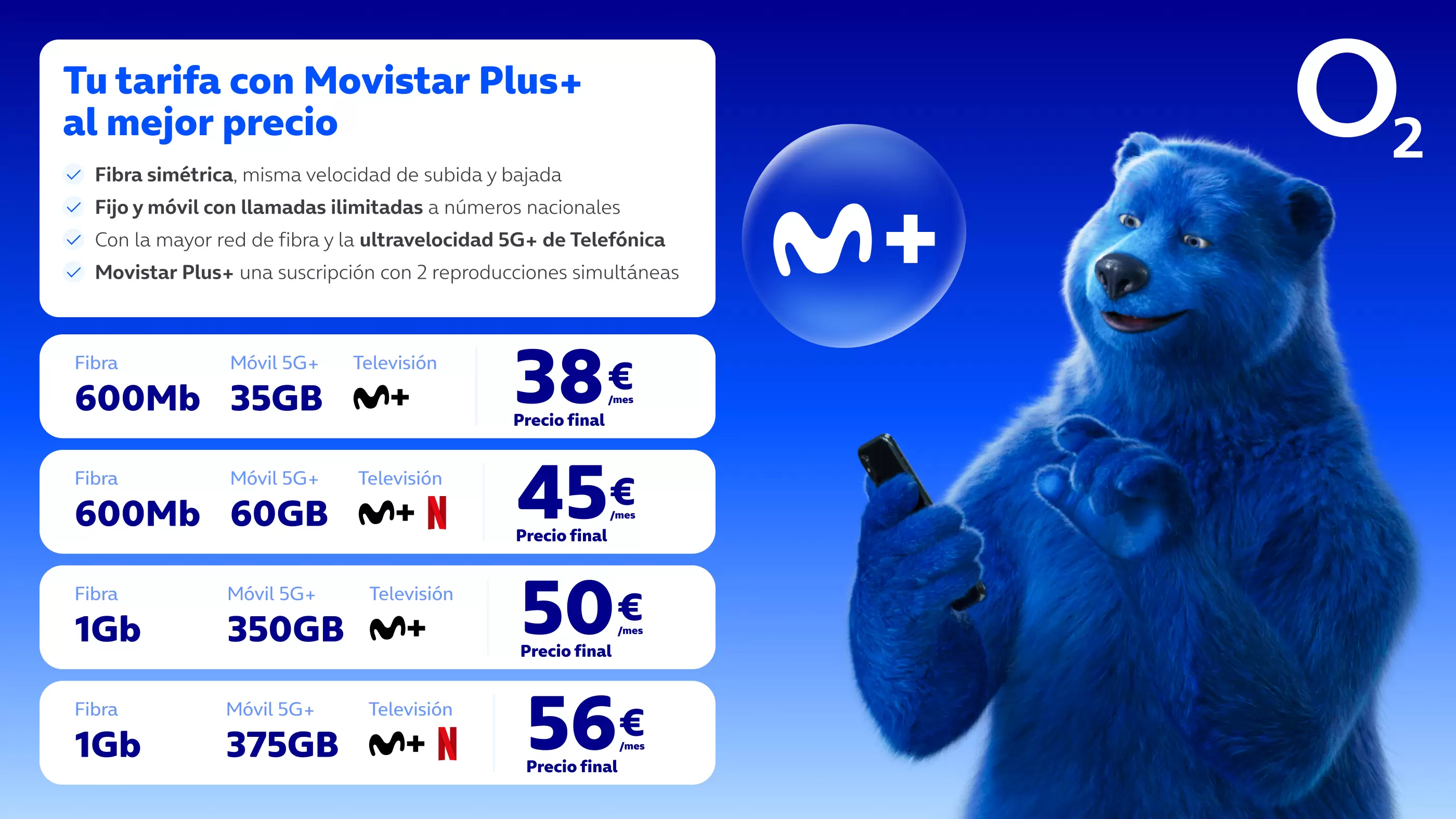 Nuevas tarifas de O2 que unen Fibra, móvil y Movistar Plus+